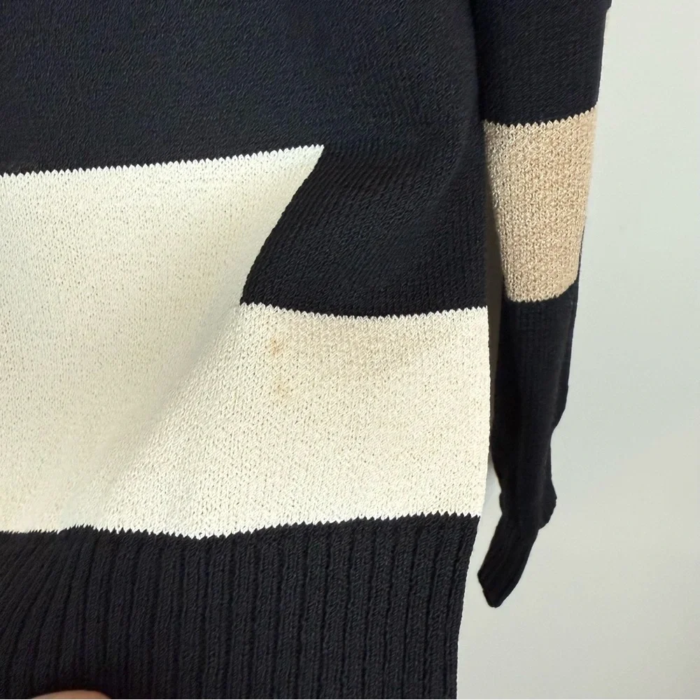 St. John Wool Blend Color Block Tan White Black Zip Up Mockneck Cardigan Sz S